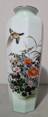 Vintage Meito Japan Porcelain 10" Tall Hexagonal Vase Pheasant Peony Signed